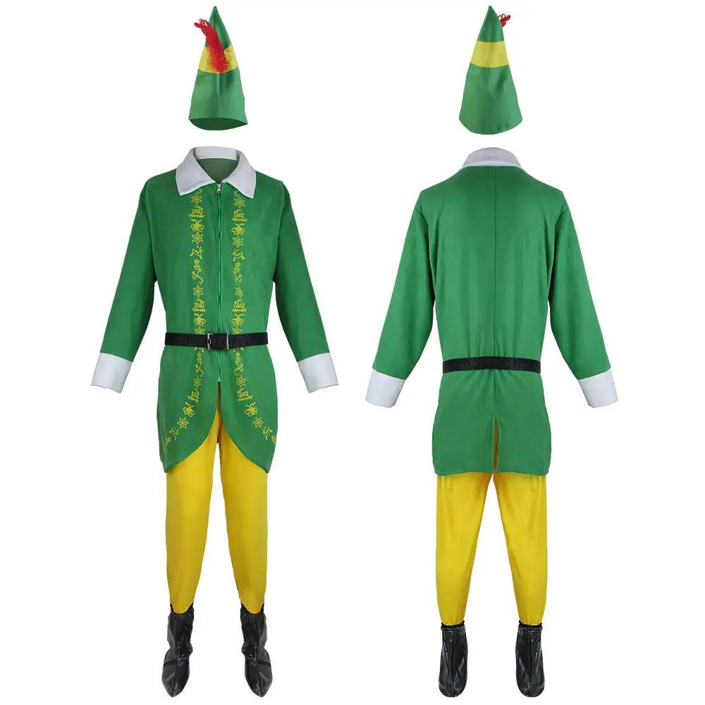Buddy The Elf Costume Adult Men Elf Costumes Christmas Outfits Suits with Hat Shoes Belt