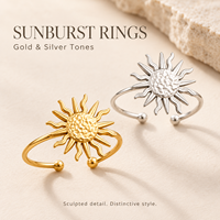Bague ouverte réglable en acier inoxydable motif soleil, bord ondulé, bijoux de mode pour femme, idéale pour les fêtes et le quotidien, vente en gros
