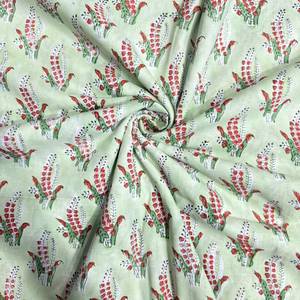 Tela de algodón estampada a mano en verde marino con motivos florales botánicos rojos para kurtis, camisas y manualidades, en suave verde menta. - Product Image 6
