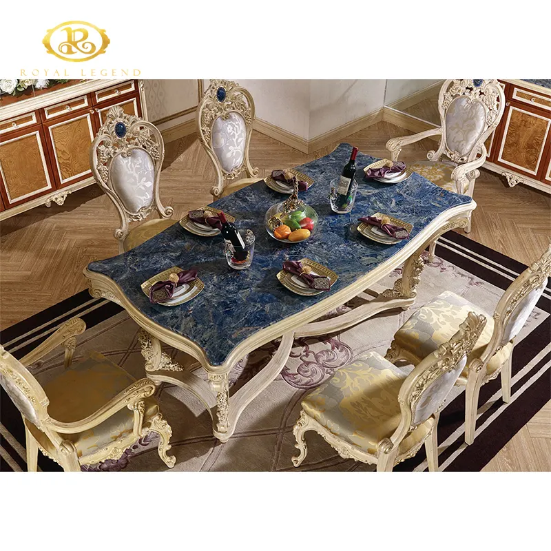 Mesa larga de comedor para <span class=keywords><strong>banquete</strong></span>, estilo clásico antiguo europeo del Viejo Mundo, dorado, Floral, adorno de marquesina