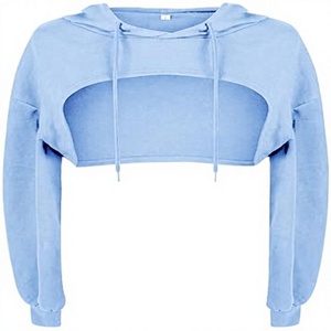 Hoodie court bleu uni à manches longues style gothique E-Girl avec découpes sur le devant pour femme – Vente en gros - Product Image 1