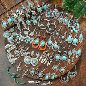 Pendientes Colgantes de Turquesa, Estilo Bohemio Geométrico, Joyería de Fiesta para Mujer, Aleación de Plata Tibetana con Engaste de Bisel, Pendientes de Moda - Product Image 1