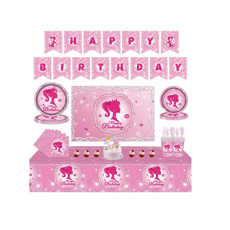 119PCS Pink Girl Party Supplies Plates Napkins Cups Banner and Tablecloth for Birthday Party Decorations