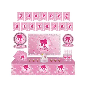 119 pièces rose fille fête fournitures assiettes serviettes tasses bannière et nappe pour décorations de fête d'anniversaire