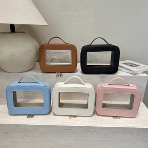 Portable <b>Makeup</b> <b>Box</b> Case Square Transparent Pu Leather Clear Cosmetic Pvc <b>Makeup</b> Bag Pouch for Travel Toiletries Storage - Product Image 1