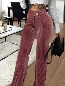 Pantalon évasé en velours côtelé taille haute uni pour femme, collection automne-hiver, vente en gros - Product Image 5