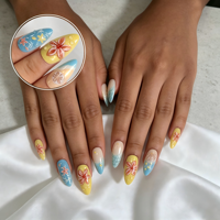 Faux Ongles Réutilisables en Gros, Motif Fleur 3D Goutte à Goutte, Longs Amande, Bleu Ciel, Jaune Coquillage, Logo Personnalisé, pour l'Été