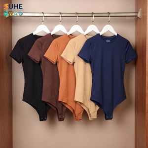 SUHE OEM ODM Winter Summer Casual Skinny Short Sleeve Crew Neck Stretch Snap Crotch Form Fitting Solid Color Womens <b>Bodysuit</b> - Product Image 4