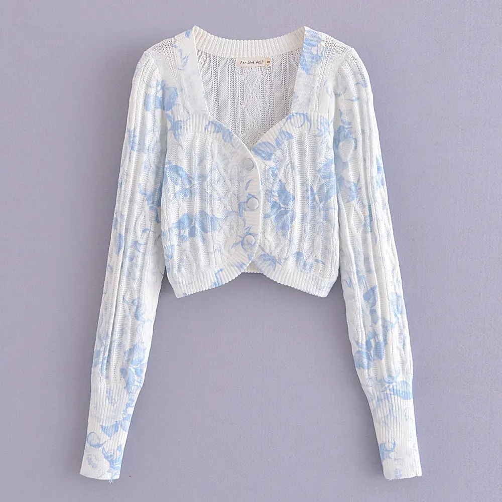 Square collar blue tie dye floral long sleeve single breasted women knitted cropped sweater cardigan