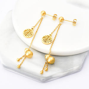 Conjunto de Collar con Colgante de Calabaza Estilo Chino de la Suerte con Dos Formas de Uso, Palabra Fu, Chapado en Oro, Acero Inoxidable, Pendientes Largos con Borla y Pulsera - Product Image 4