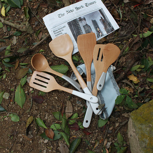 Beechwood Spatula Set 6 Piece Wooden Kitchen Utensil With White <b>Handle</b> For Cooking And Grilling - Product Image 4