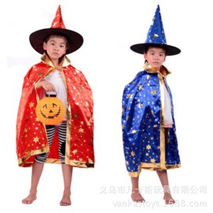 Childrens <b>Witch</b> Costume Cape With <b>Hat</b> Set Red Blue Star Print Unisex Halloween Costume For Kids - Product Image 1