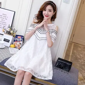 Hàng Mới Về Phụ Nữ Mang Thai Mom Lace Hollow Out A-line Tay Áo Ngắn Quần Áo Mùa Hè Rộng Màu Trắng Váy Midi Hàn Quốc Giản Dị