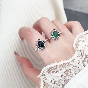S925 Sterling Silver Oval Agate Open <b>Ring</b> Black And Green Gemstone Bezel Setting Geometric Design Everyday Wear Jewelry - Product Image 3