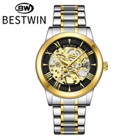 Montre-bracelet automatique squelette de luxe pour homme, boîtier rond, chiffres romains, cadran ajouré, acier inoxydable, étanche, montre de business