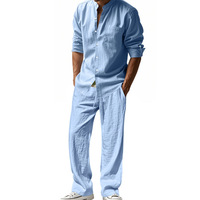 Ensemble décontracté pour hommes grandes tailles : Chemise en lin à manches longues et fermeture éclair, coupe ample