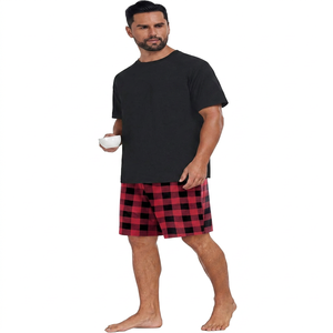Men's Plus Size Cotton Plaid Shorts <b>Set</b> Casual Summer Two Piece Sleepwear Red Black Checkered Pattern <b>Knitted</b> Fabric - Product Image 1