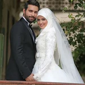 Vestido de noiva branco islâmico hijab, renda dignificada e elegante de manga comprida para casamento