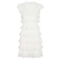 Robe Mini Tricotée Élégante et Décontractée pour Femme, Col Rond, Patchwork, Volants Superposés, Sans Manches, Découpes, Coupe Ajustée