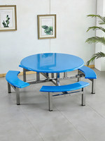 Table de cantine commerciale avec bancs intégrés et tabourets ronds, structure métallique, sièges de cafétéria pour écoles, vente en gros pour usines