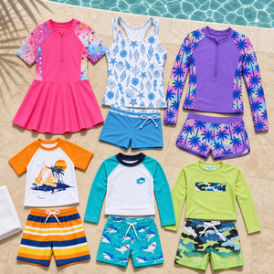 Ensemble de maillots de bain pour enfants en gros, avec divers motifs et couleurs, pour garçons et filles, collection de vêtements de plage d'été - Product Image 1