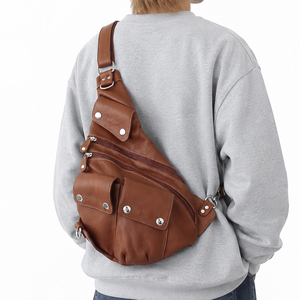 Distinctive Drop-Shaped Silhouette Multiple Storage Pockets Black Leather <b>Shoulder</b> <b>Bag</b> <b>Men</b> - Product Image 1