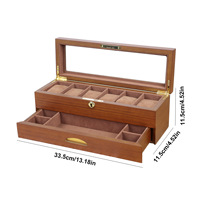 Boîte de rangement 2 couches à 6 emplacements en grain de bois avec serrure pour montres et bijoux, tiroir pour lunettes de soleil, bracelets, colliers, doublure en daim