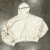 Sweat à capuche de qualité supérieure 500 g/m², style streetwear, noir, effet délavé soleil, délavé vieilli, avec fermeture éclair, en coton