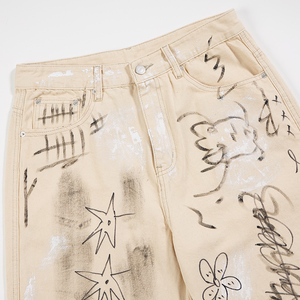 Jeans droits pour hommes sur mesure OEM en gros, pantalon en denim <span class=keywords><strong>beige</strong></span> délavé, imprimé graffiti, style streetwear vintage - Product Image 3