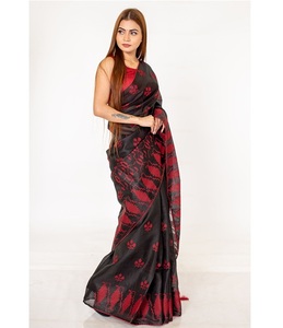 Sari en coton authentique avec de magnifiques broderies florales dorées, tenue ethnique indienne classique pour les festivals, les mariages et les événements. - Product Image 1