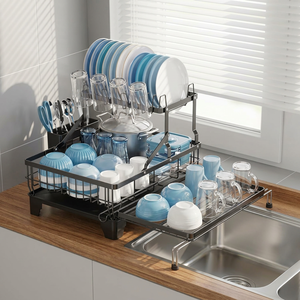 Égouttoir à vaisselle double niveau en métal avec conception détachable pour rangement sous évier de cuisine, support moderne sur pied pour assiettes et bols - Product Image 4
