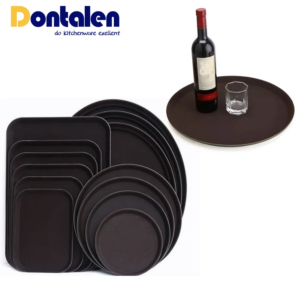 Wholesale Fast Food Service Round Plastic Stackable Fiber Glass Non-slip Serving Tray For Restaurant