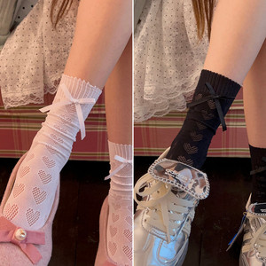 White Heart Patterned Slouch <b>Socks</b> Mid Calf Nylon Women's Ballet Style <b>Socks</b> - Product Image 4