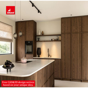 Gabinetes de Cocina Modernos de Madera Oscura con Encimera de Piedra Natural y Chapa de Madera de AllandCabinet para Constructores de Casas de Lujo Personalizadas - Product Image 1