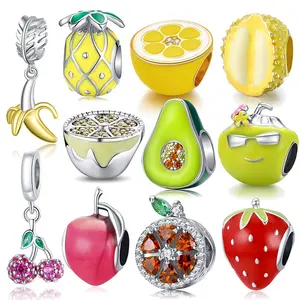 925 Sterling Silver Fruit Series Strawberry Peach Cherry Avocado Beads Enameled Charms Fit Original Bracelet DIY Necklace