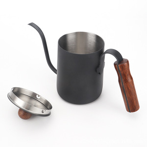 Bouilloire à bec de cygne en acier inoxydable avec couvercle, poignée en bois, long bec verseur, cafetière noire et or rose - Product Image 3