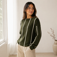 Pull ras du cou à rayures verticales pour femme, coupe décontractée avec épaules tombantes, en maille de polyester douce, disponible en OEM/ODM