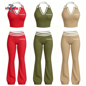 Top Senza Maniche e Pantaloni a Vita Alta a Zampa d'Elefante, Completo Sportivo Personalizzato con Logo, Set Due Pezzi per Donna - Product Image 3