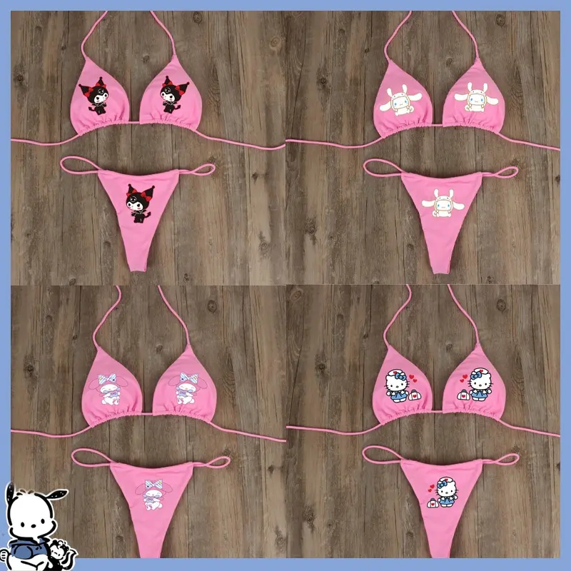 Kuromi Bikini Kts Sanrioed Bh Set Cartoon Ondergoed Halter Back Tie-Up Side Strappy Badmode Meisjes Sexy Kleding Zomer