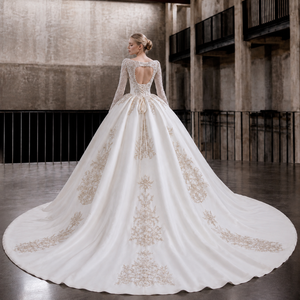 Vestido de Novia de Gala con Cuello Redondo, <span class=keywords><strong>Manga</strong></span> Larga con Efecto Ilusión, Adornado con Cristales y Apliques de Encaje, de Satén, con Cola Real, Venta al por Mayor - Product Image 3