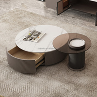 Ensemble de 2 tables basses rondes en verre avec plateau en marbre et tiroirs de rangement, meuble TV et table centrale pour salon – Vente chaude