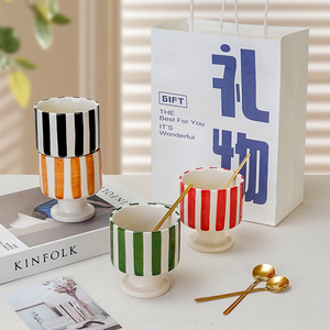 Creative Hand Painted Striped Ceramic Goblet Personalized Creative Ice Cream Ceramic Mug