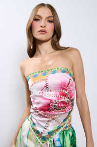 Logotipo personalizado sin tirantes estampado floral satén <span class=keywords><strong>fruncido</strong></span> Tops y bolsillos laterales pantalones de pierna ancha conjuntos de 2 piezas conjuntos de mujer - Product Image 2