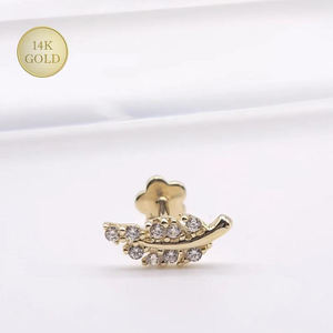 Lotus Wholesale Clous d'oreille en or massif 9K 14K 18K avec feuille de zircon et vis à filetage interne, bijoux de piercing fin pour hélix - Product Image 1