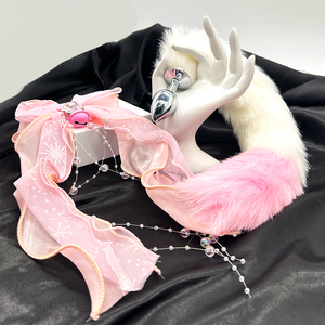 Juguetes sexuales coloridos: Cola de zorro plateada de felpa larga de conejita, tapón <span class=keywords><strong>anal</strong></span>, juego SM, tapón <span class=keywords><strong>anal</strong></span> de aleación de aluminio con lazo de mariposa y cinta de seda - Product Image 3