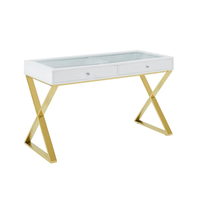 NOVA Table de maquillage en bois massif de style minimaliste 2 tiroirs blanc finition brillante chambre à coucher dressing pieds or/argent
