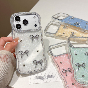 เคสโทรศัพท์ลายเปลือกหอยประดับเพชรทรงโบว์ สำหรับ iPhone 18 17 16 15 Pro Max  พื้นผิวเหลือบรุ้ง ลายคลื่นไล่เฉดสี - Product Image 3