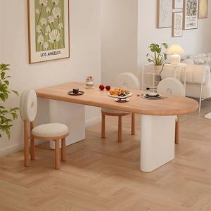 Table à manger en bois massif de couleur crème, ensemble de 4 pièces, design semi-ovale mural peu encombrant pour les petites maisons - Product Image 4