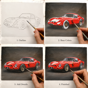 Peinture à l'huile sur mesure artisanale exemplaire, reproduisant une <span class=keywords><strong>photo</strong></span> réaliste d'une voiture rouge, pour la décoration de garage de luxe - Product Image 3