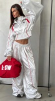 Ensemble de survêtement décontracté deux pièces pour femme, veste courte zippée en satin jacquard oversize et pantalon large